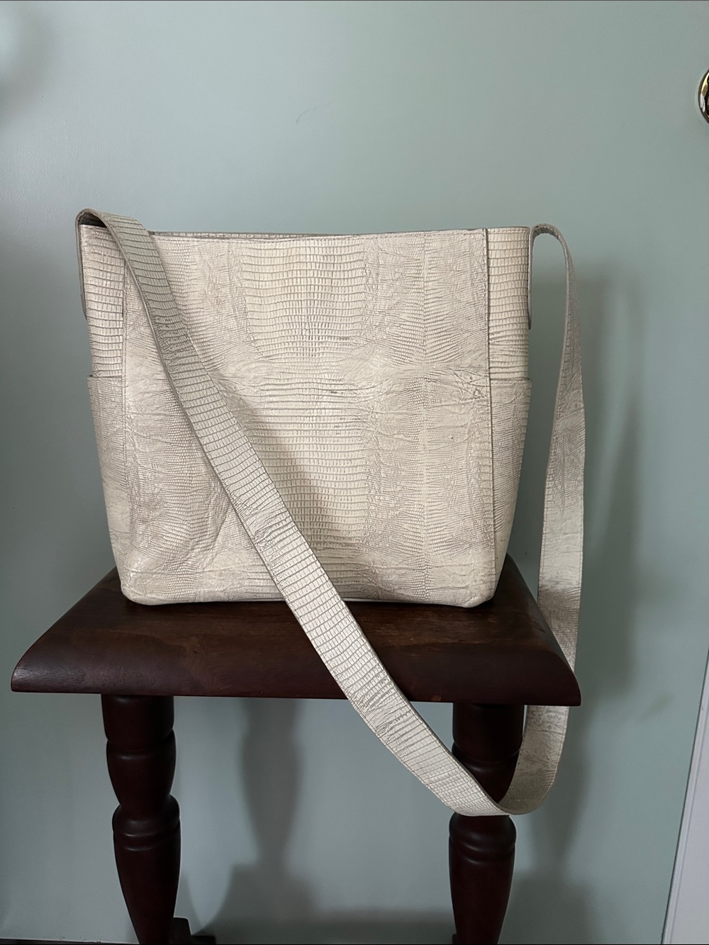 Cream Croc-Embossed Shoulder Tote with Long Strap